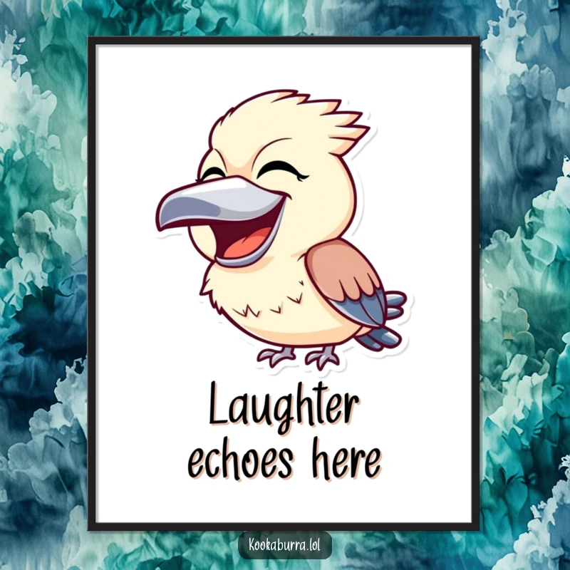 Funny kookaburra poster of a bird with its beak wide open, laughing uncontrollably, bringing energy and humor to wall decor.