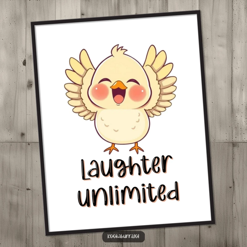 Funny poster displaying a chubby bird laughing heartily with its wings outstretched, creating a visually joyful and amusing piece of art.