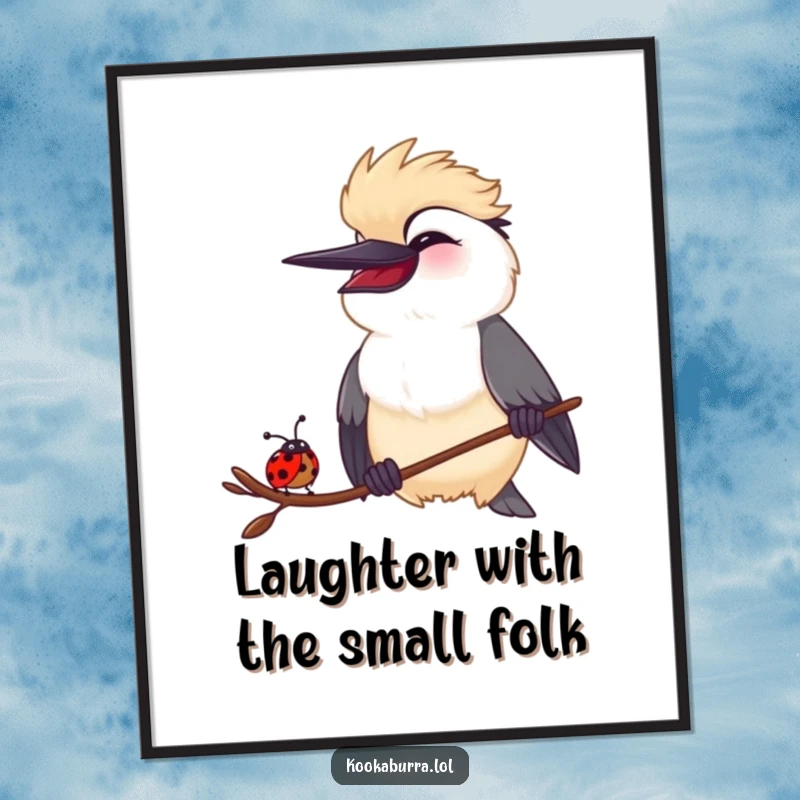 Funny Kookaburra and Ladybug Poster: Wall art depicting a kookaburra and a small ladybug sharing a contagious, hilarious laugh, perfect for decor.
