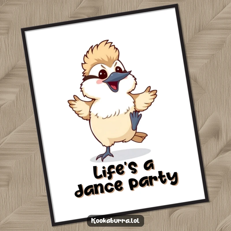 Funny kawaii kookaburra poster of a bird doing a silly dance with its feet kicking up, creating a vibrant and humorous wall decoration.