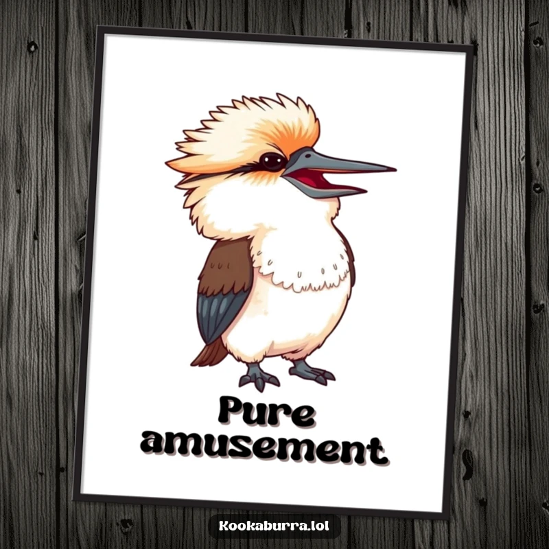 Funny kookaburra with head thrown back in exaggerated amusement, a wall art piece full of infectious laughter.