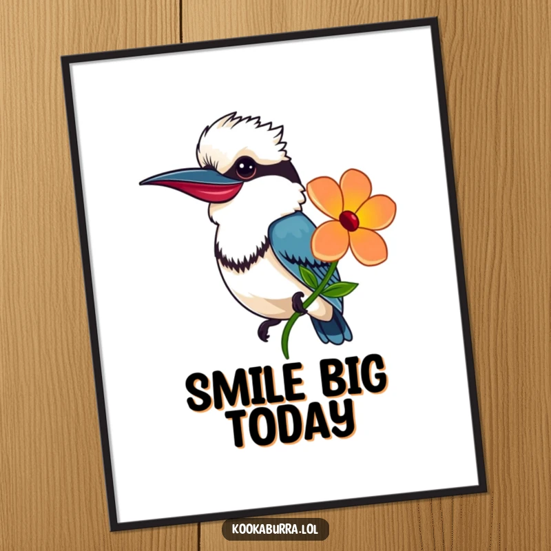 Funny Poster of a kookaburra with a smile, offering a brightly colored flower, symbolizing friendship and thoughtful gestures.