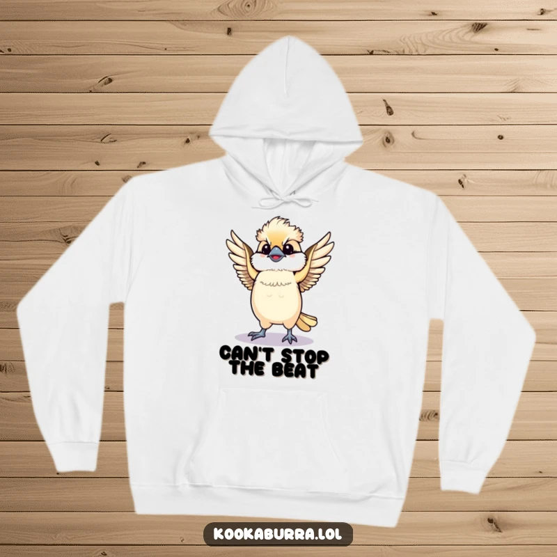 Funny Kawaii Kookaburra hoodie, a cute bird dancing energetically with its wings spread. Cozy and fun, perfect for funny gifts.