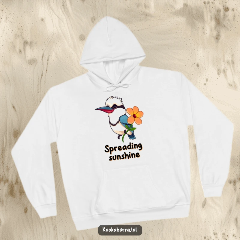 Funny Hoodie with a smiling kookaburra offering a bright flower, symbolizing kindness and providing cozy comfort.