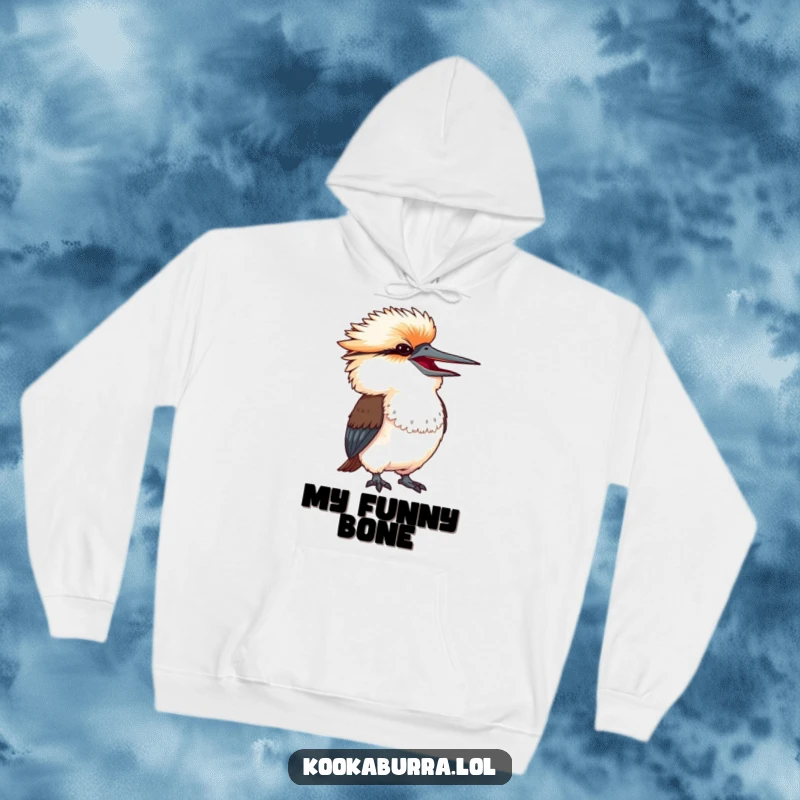 Funny kookaburra with head thrown back in exaggerated amusement, a comforting and humorous hoodie design.