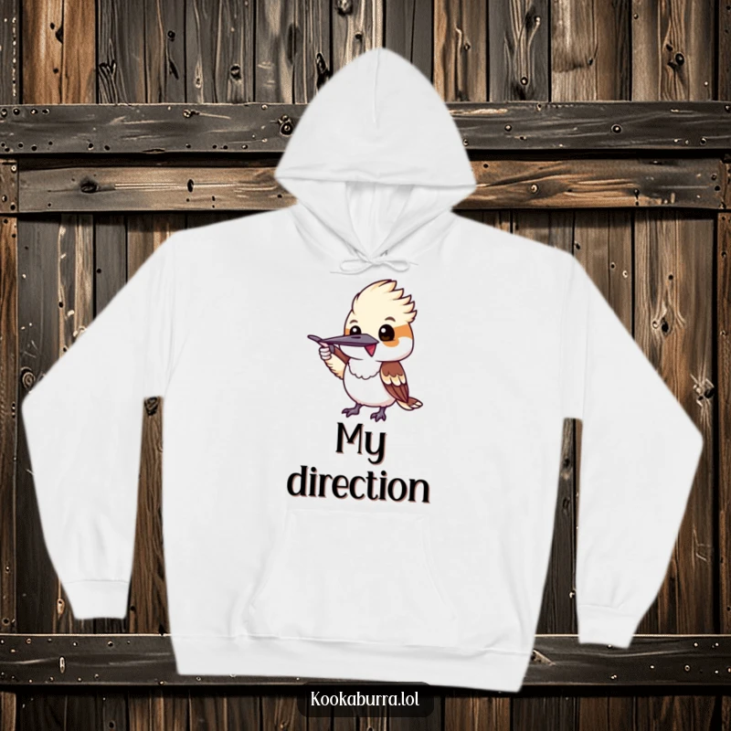 Funny kookaburra excitedly pointing with its wing, a warm and humorous hoodie for leaders.