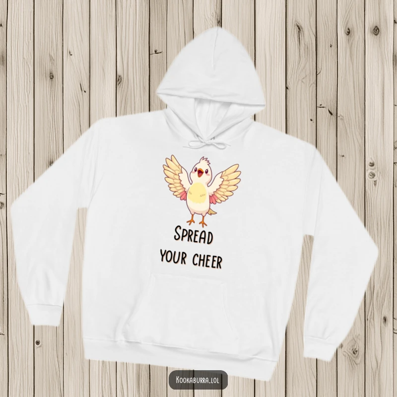 Funny hoodie showcasing a bird stretching its wings wide open, bursting with glee, perfect for comfortable wear and expressing pure happiness.