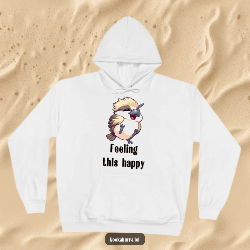 Funny hoodie with a kawaii kookaburra in a playful tumble, eyes squeezed shut in delightful, hilarious mirth.