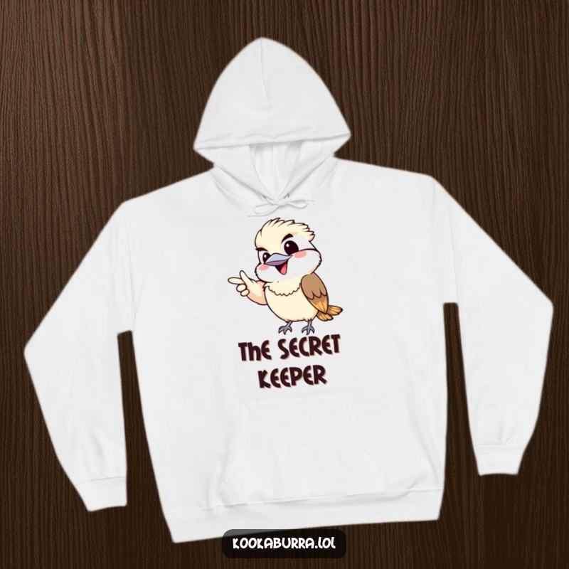 Funny hoodie with a kawaii kookaburra pointing gleefully, displaying a mischievous grin, radiating playful energy.