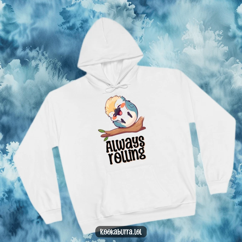 Funny round kawaii kookaburra hoodie, tumbling end over end, laughing, cute bird illustration, cozy and humorous.