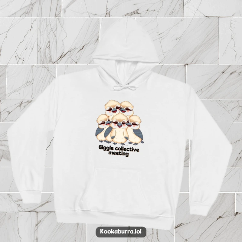 Funny kawaii kookaburra hoodie featuring a group of smiling, giggling birds huddled together, offering warmth and humorous charm.