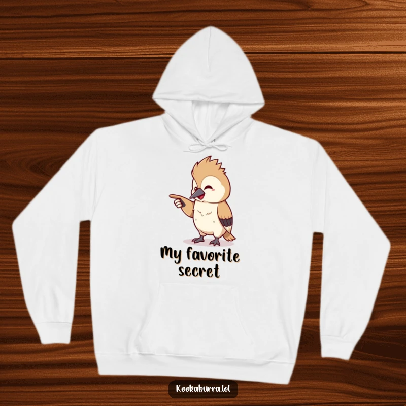 Funny kawaii kookaburra hoodie featuring a tiny bird pointing off-screen with a chuckle, offering warmth and humorous charm.