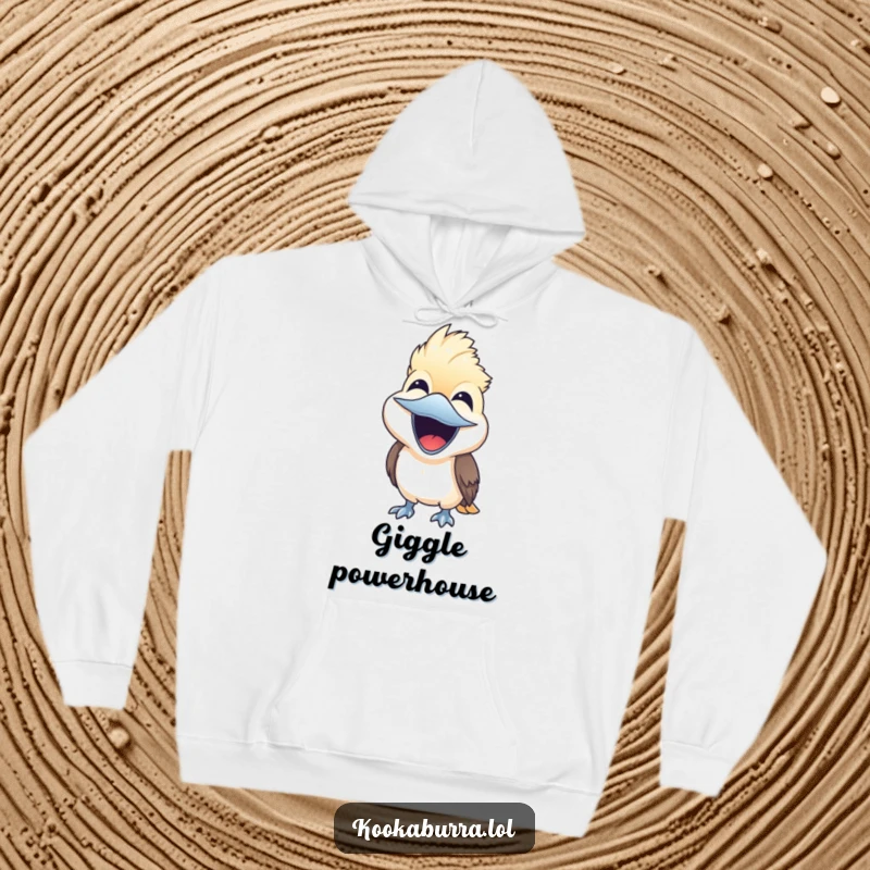Funny cute kookaburra bird laughing joyfully with its beak wide open, depicted on a cozy hoodie, cheerful design.