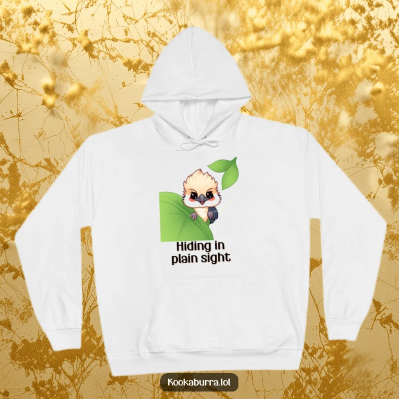 Funny Kawaii Kookaburra hoodie, a cute bird hiding behind a large leaf, offering a playful peek. Cozy and hilarious, perfect for funny gifts.