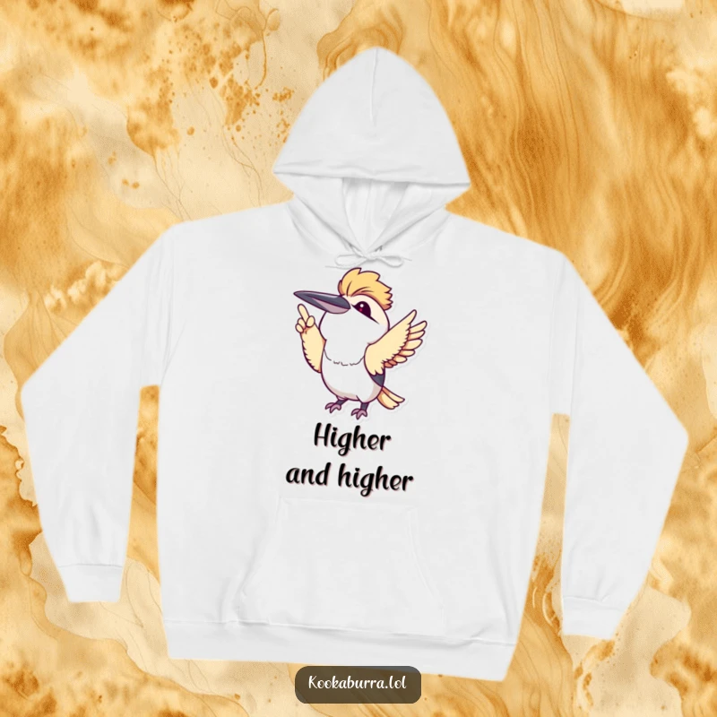 Cute kawaii kookaburra pointing upwards enthusiastically, depicted on a soft hoodie for cozy, cheerful wear.