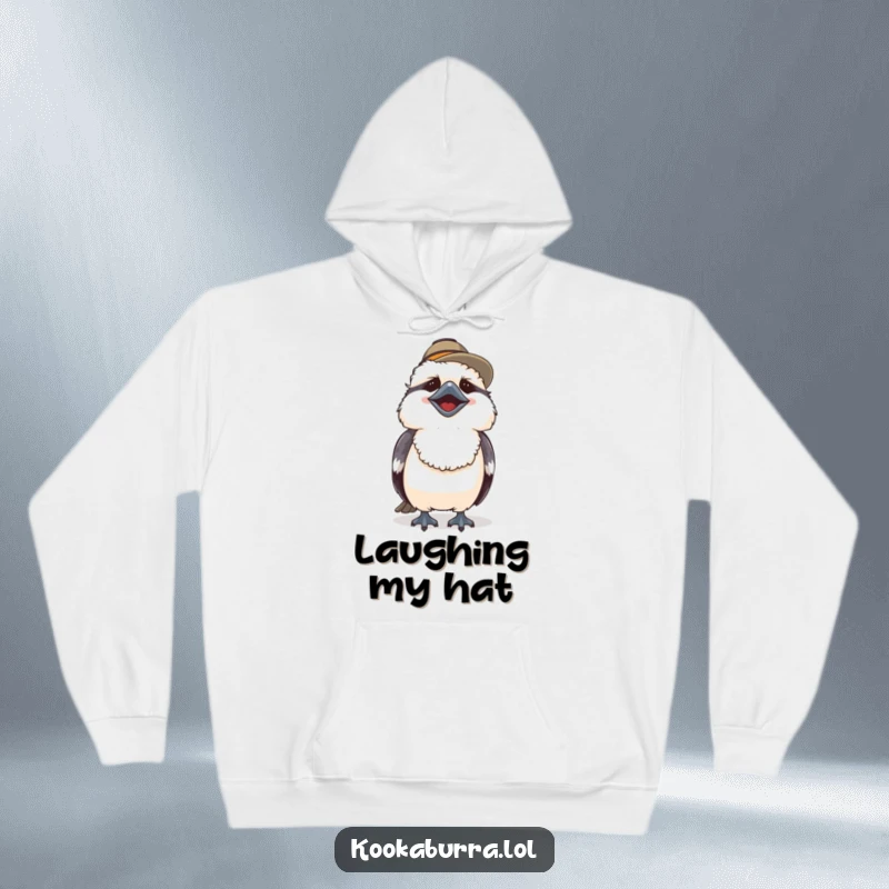 Funny hoodie featuring a cute kookaburra wearing a hat, captured mid-hearty laugh for ultimate cozy amusement.