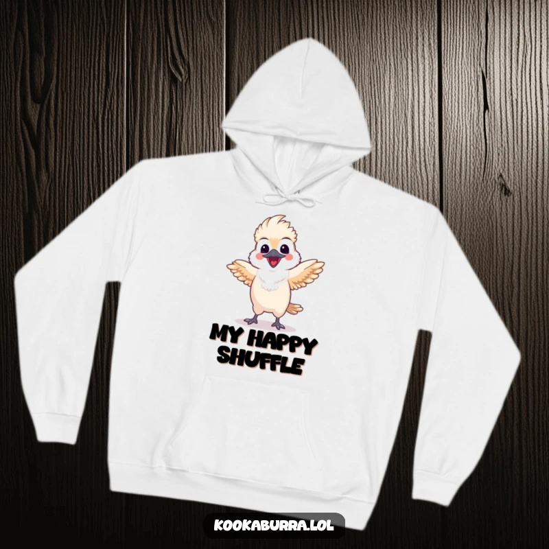 Funny kawaii kookaburra hoodie featuring a happy bird doing a lively dance with spread wings, offering warmth and humorous charm.