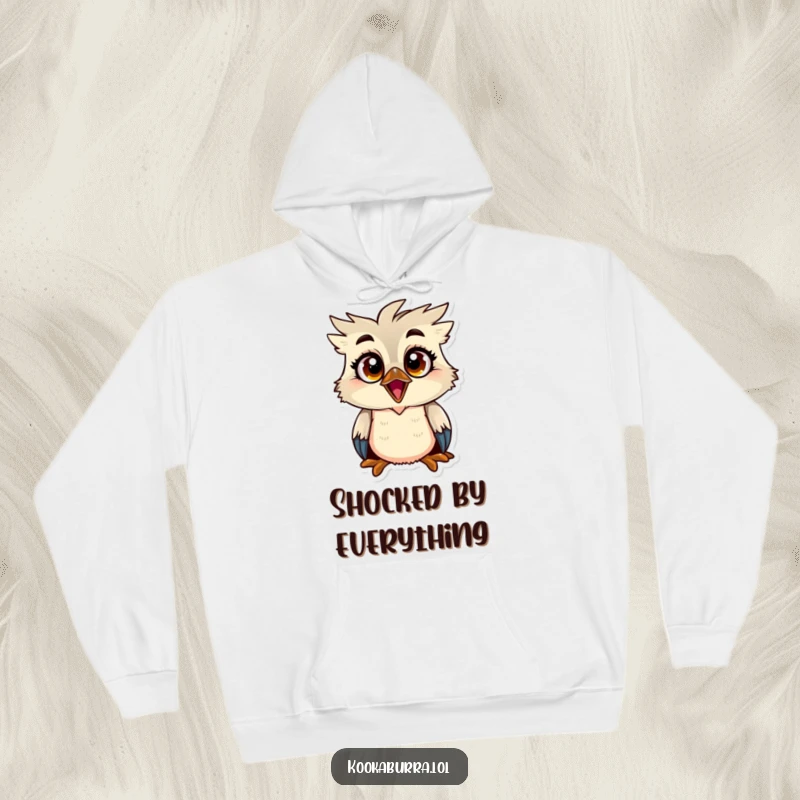 Funny kookaburra hoodie featuring a bird with exaggeratedly big, wide eyes and a shocked expression, perfect for cozying up.