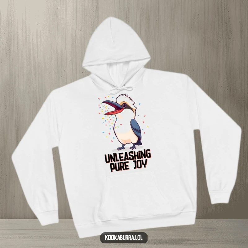 Funny Kookaburra Hoodie depicting a kookaburra with its beak spewing colorful confetti, perfect for cozy celebrations.