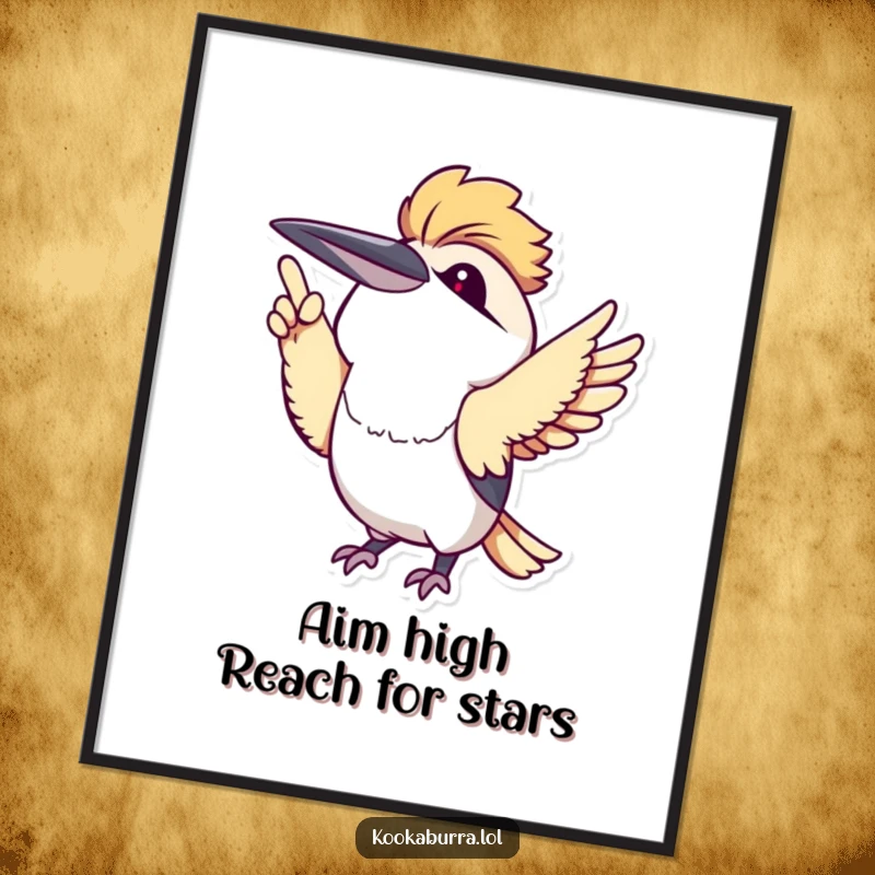 Funny free printable wall art: a kawaii kookaburra with innocent eyes excitedly pointing its wing towards the sky, inspiring.