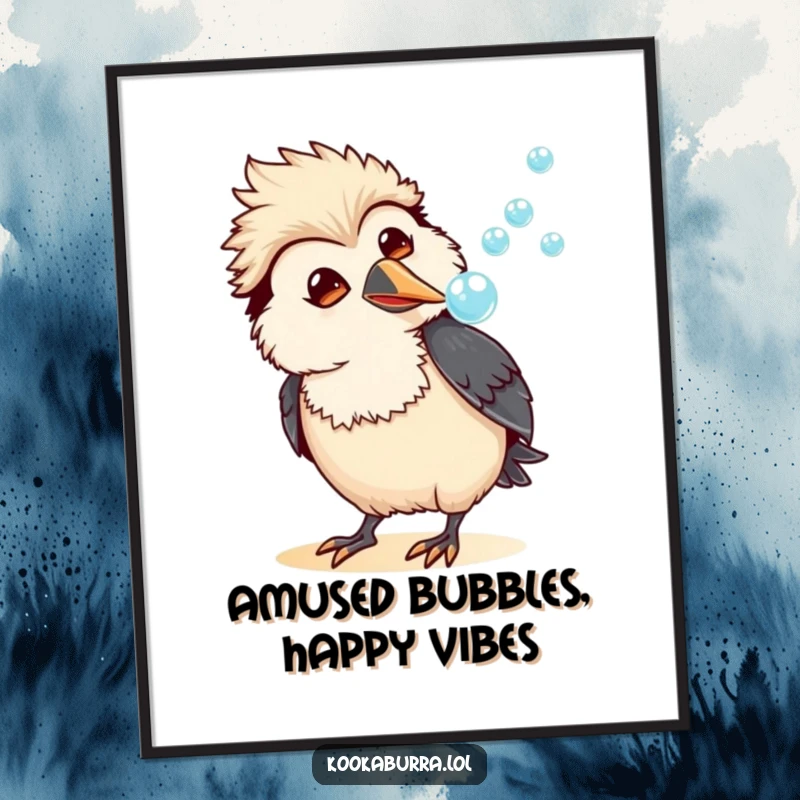 Funny Free Printable Wall Art: A kawaii kookaburra looking thoroughly amused while blowing a stream of delicate bubbles.