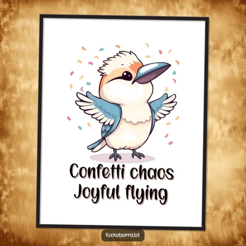 Funny free printable wall art: a kookaburra joyfully tossing colorful confetti with both wings, creating a vibrant and festive scene.