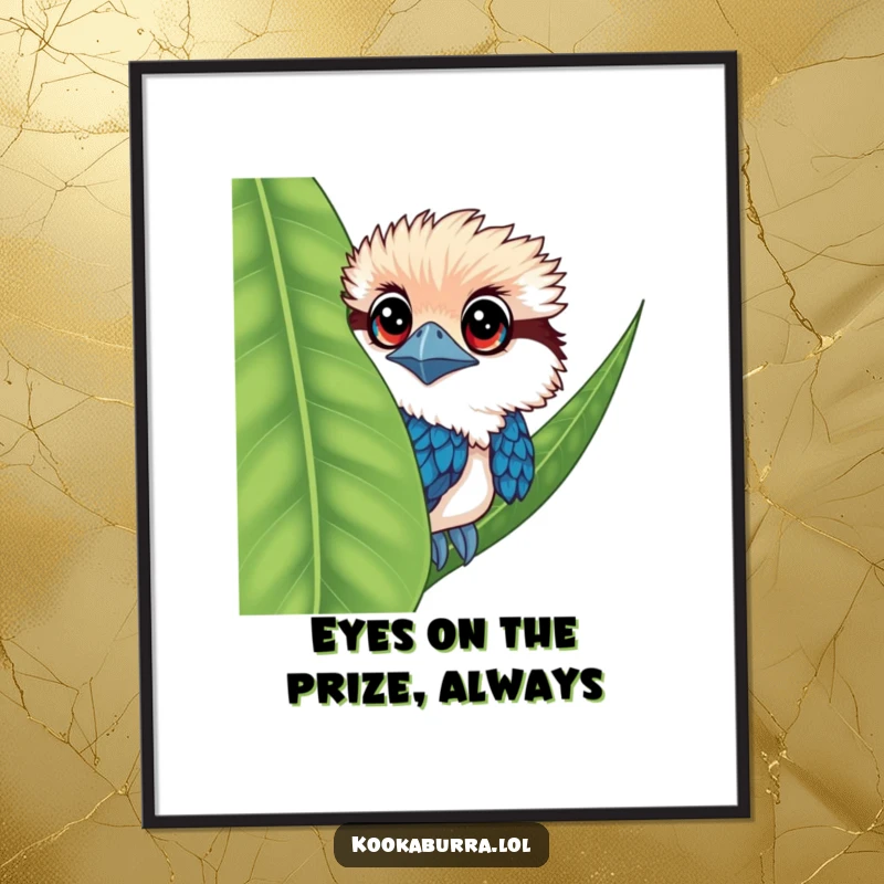 Funny Free Printable Kookaburra Wall Art: A kookaburra with large, expressive eyes curiously peeks from behind a big, vibrant green leaf.