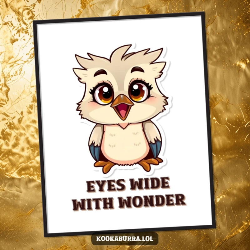 Funny Free Printable Wall Art: A kookaburra with comically large, wide-open eyes conveying an exaggerated expression of utter surprise.