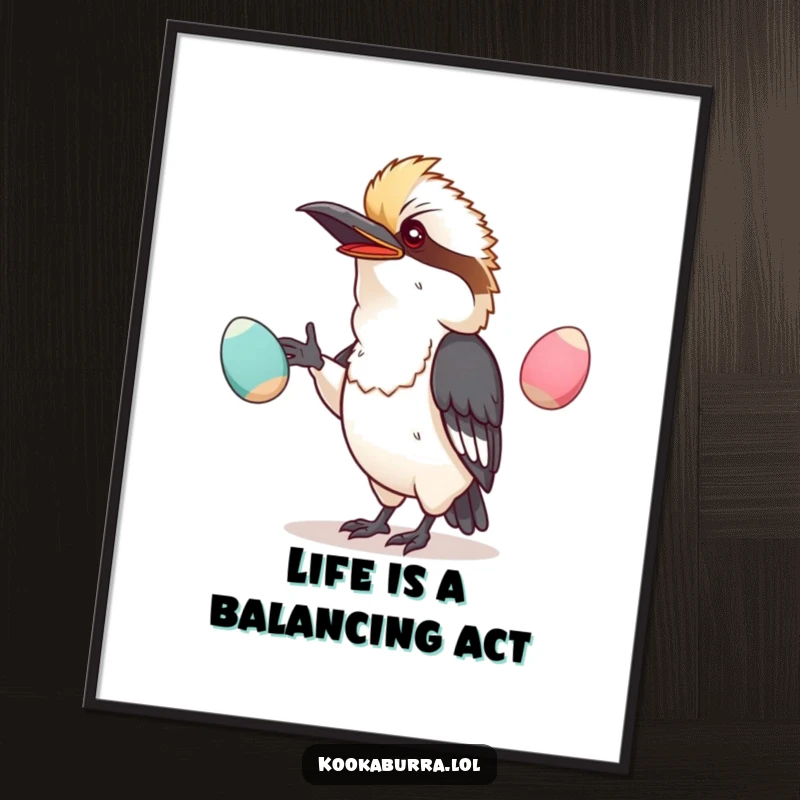 Funny Free Printable Wall Art: Adorable kawaii kookaburra humorously juggling oversized, precarious, wobbly eggs.