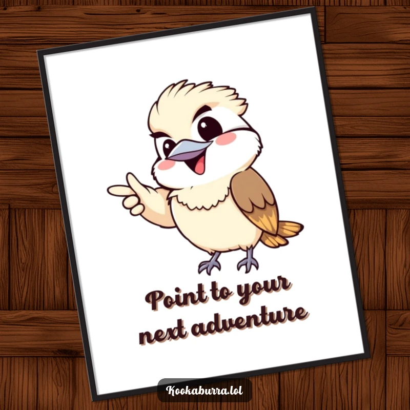 Funny Free Printable Wall Art: Adorable kawaii kookaburra pointing with a wide, mischievous grin, radiating playful energy.