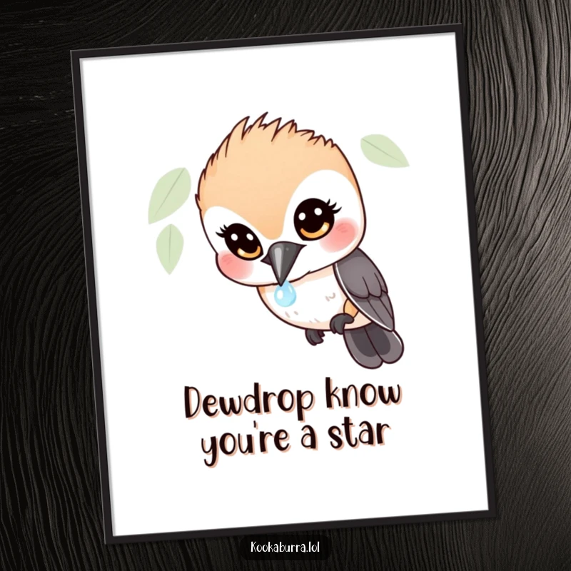 Funny free printable wall art: a kookaburra looks with wide, amazed eyes at a single, sparkling dewdrop, whimsical bird decor.