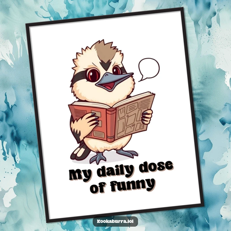 Funny free printable wall art of a kookaburra enjoying a comic book, speech bubble adding a humorous conversational element to the art.