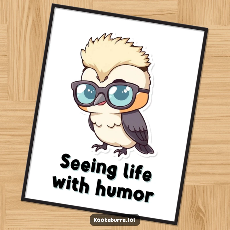 Funny free printable wall art of a kookaburra sporting oversized glasses, peeking over them with a wide, infectious giggle, perfect for walls.