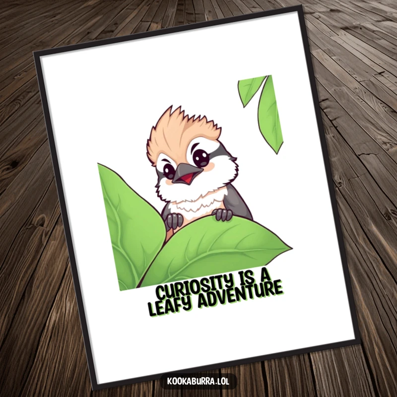 Funny Free Printable Wall Art: A charming kawaii kookaburra peeking from behind a large leaf, exuding innocence and curiosity.
