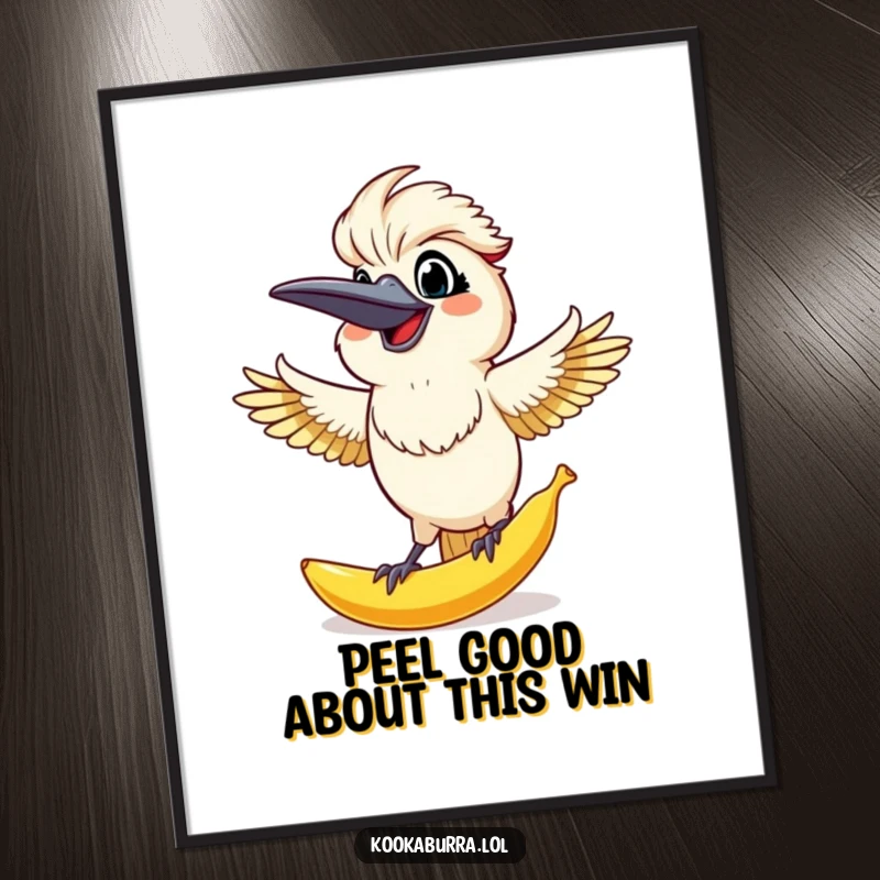 Funny Free Printable Wall Art: Kookaburra with outstretched arms and a surprised grin, impressively catching a giant falling banana peel.