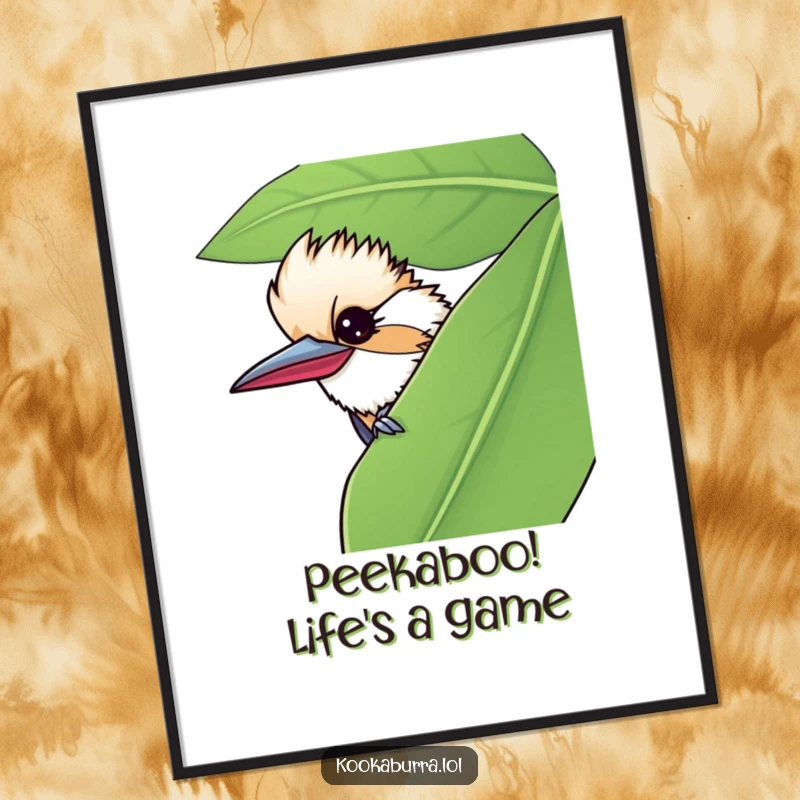 Funny Free Printable Wall Art: A kookaburra peeks from behind a leaf, giving a mischievous wink. Playful downloadable art.