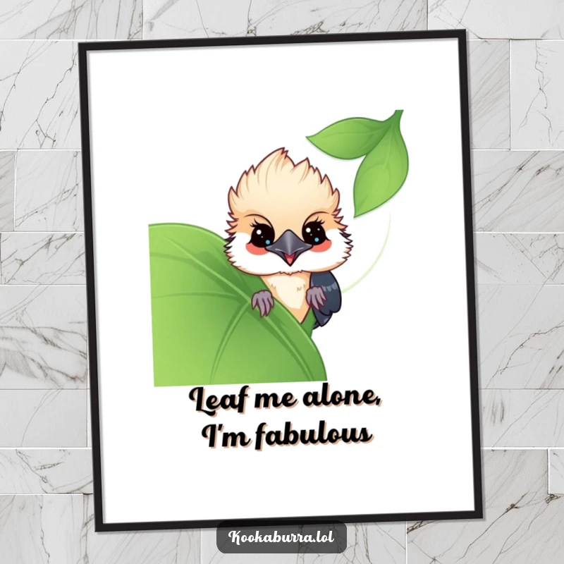 Funny Free Printable Wall Art of a kawaii kookaburra peeking playfully from behind a large green leaf, adding a touch of whimsical charm.