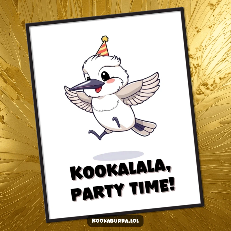 Funny Free Printable Wall Art: A kookaburra wearing a small party hat, jumping with pure delight.