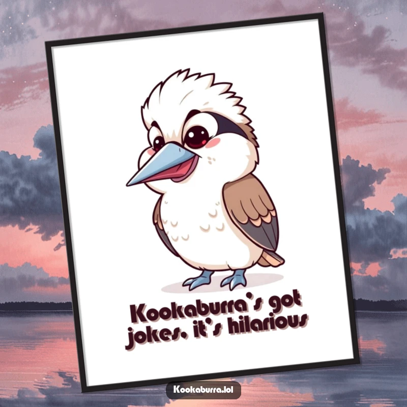 Funny Free Printable Wall Art of a kawaii kookaburra with a silly wide open beak, capturing a moment of infectious laughter and playful energy.