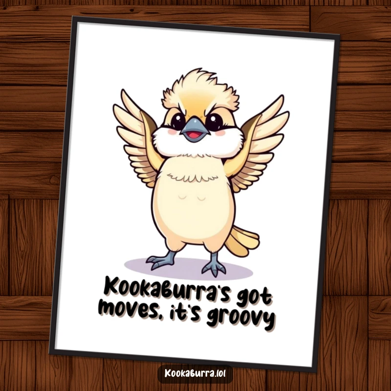 Funny Free Printable Wall Art depicting a kawaii kookaburra energetically dancing with its wings spread wide, bringing a sense of joy and movement.