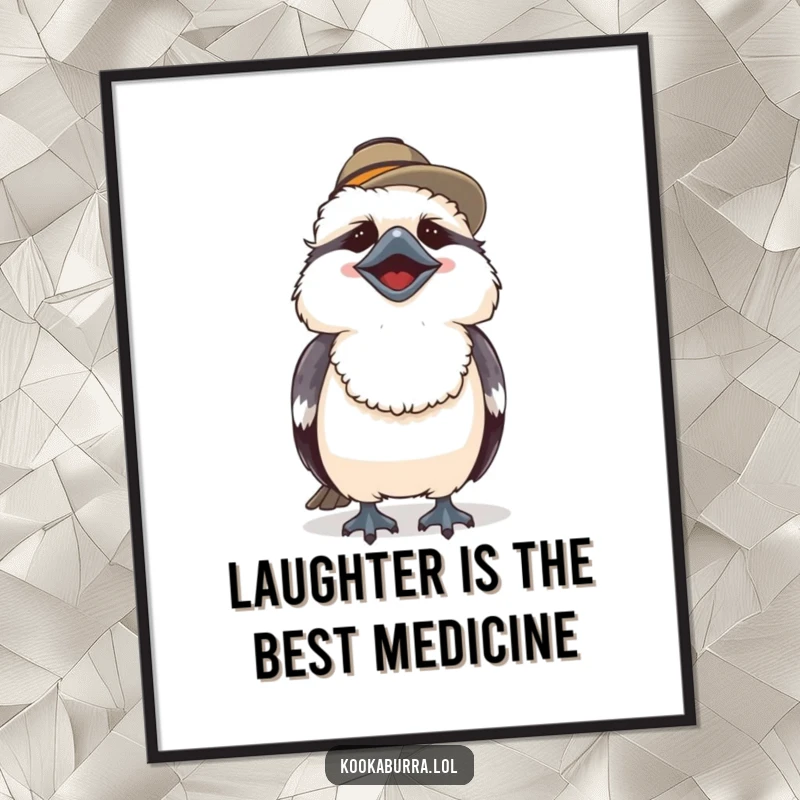 Funny Free Printable Wall Art: A cute kookaburra in a hat laughs heartily, bringing cheer and whimsy to your decor. Downloadable art.