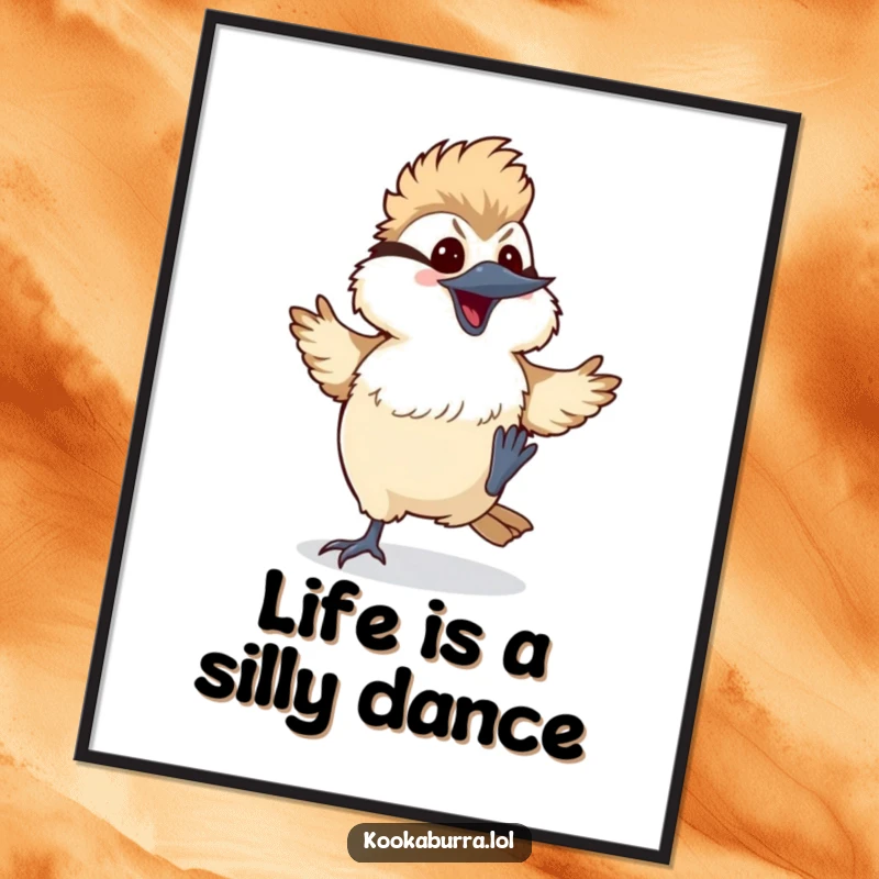Funny Free Printable Wall Art: Kawaii kookaburra in a silly dance with feet kicking up, bringing energetic humor to walls.