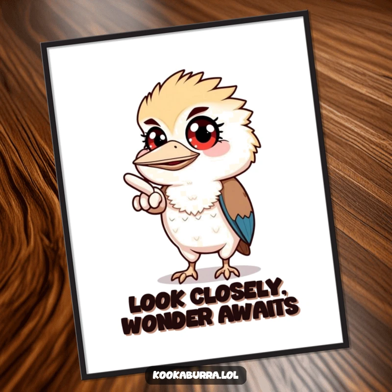 Funny Free Printable Wall Art: A kookaburra with wide eyes points off-screen, inviting curiosity. Intriguing downloadable art.