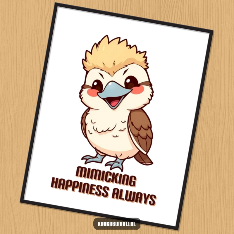 Funny Free Printable Wall Art of a kawaii kookaburra playfully mimicking someone with a large, exaggerated, and hilarious smile.