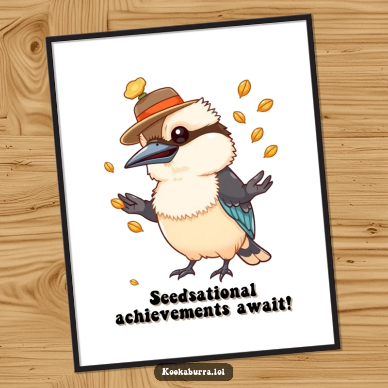 Funny Free Printable Kookaburra Wall Art: A kookaburra in a tiny hat juggles shiny seeds against a plain background, radiating cheerful energy.