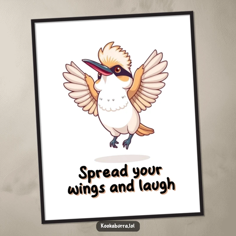 Funny Free Printable Wall Art depicting a kookaburra bird joyfully performing a silly dance with its wings spread wide, radiating infectious cheerfulness.