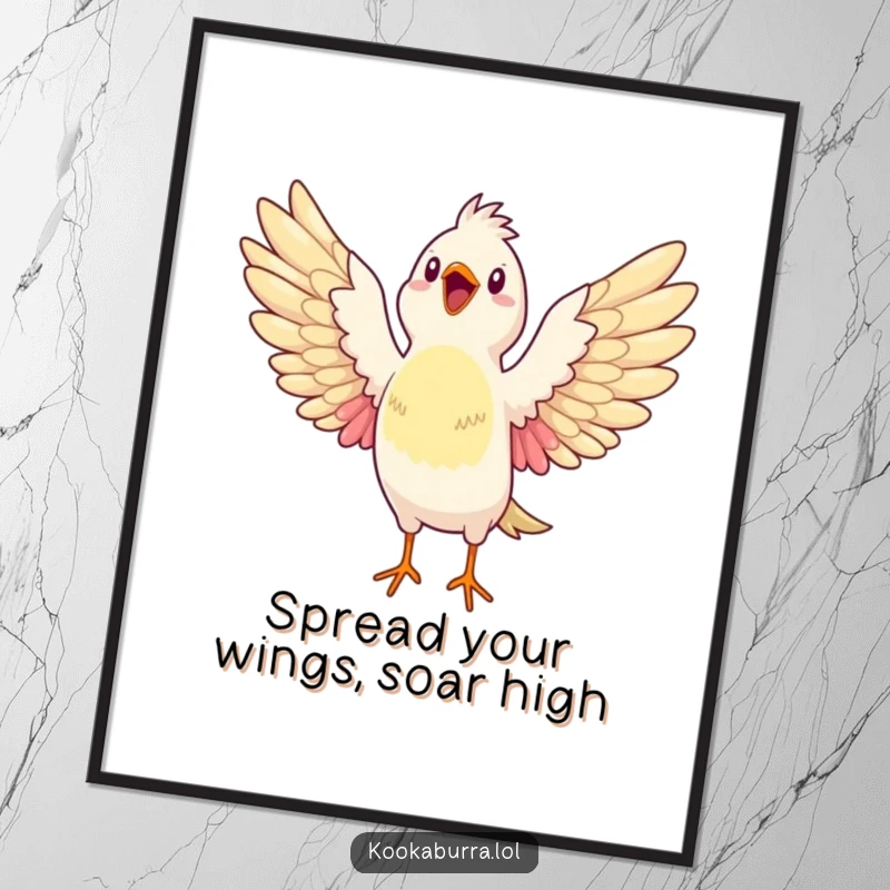 Funny Free Printable Wall Art featuring a bird stretching its wings wide open, absolutely bursting with infectious glee and happiness.