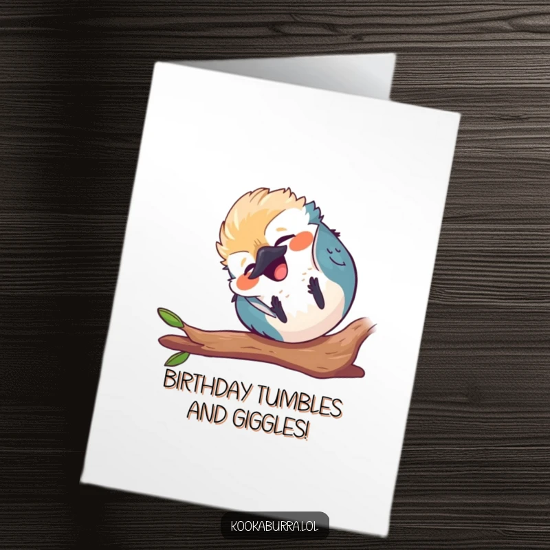 Funny Free Printable Birthday Card of a small, round kawaii kookaburra tumbling end over end with infectious laughter.