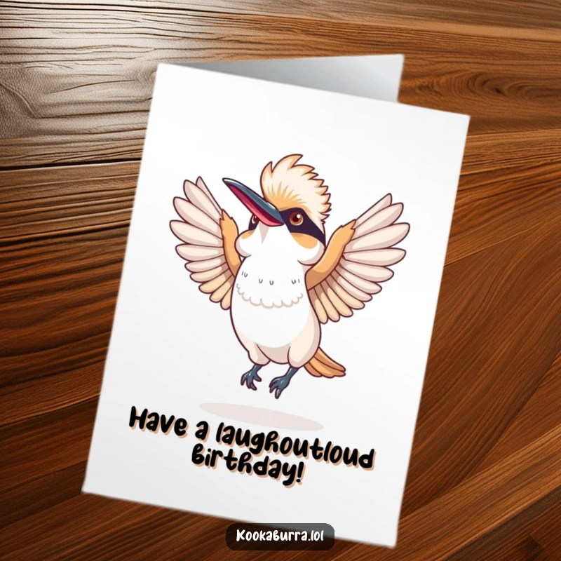 Funny Free Printable Birthday Card: A kookaburra bird performing a wild, silly dance with its wings spread wide, embodying pure joy and laughter.