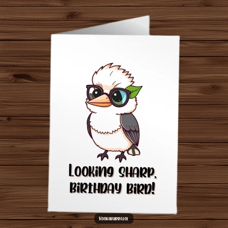 Funny Free Printable Birthday Card: A distinguished kookaburra comically wearing a green leaf as a monocle with a smile.